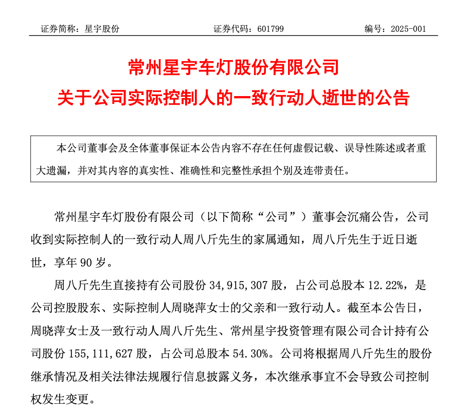 突传噩耗！百亿上市公司公告：发起人周八斤逝世 为公司董事长父亲 直接持股12.22%