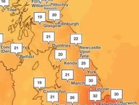 英国预测今天会有34度高温，气象局的天气图显示了每小时的高温爆发